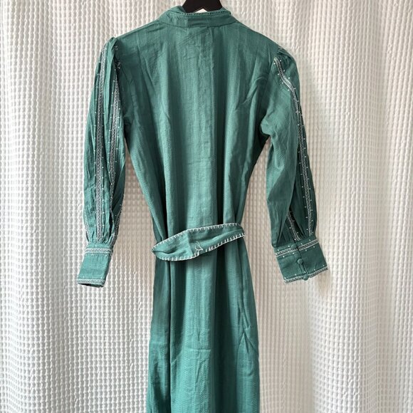Ex Voto Sutton emerald green embroidered belted cotton maxidress women's small - Picture 5 of 11